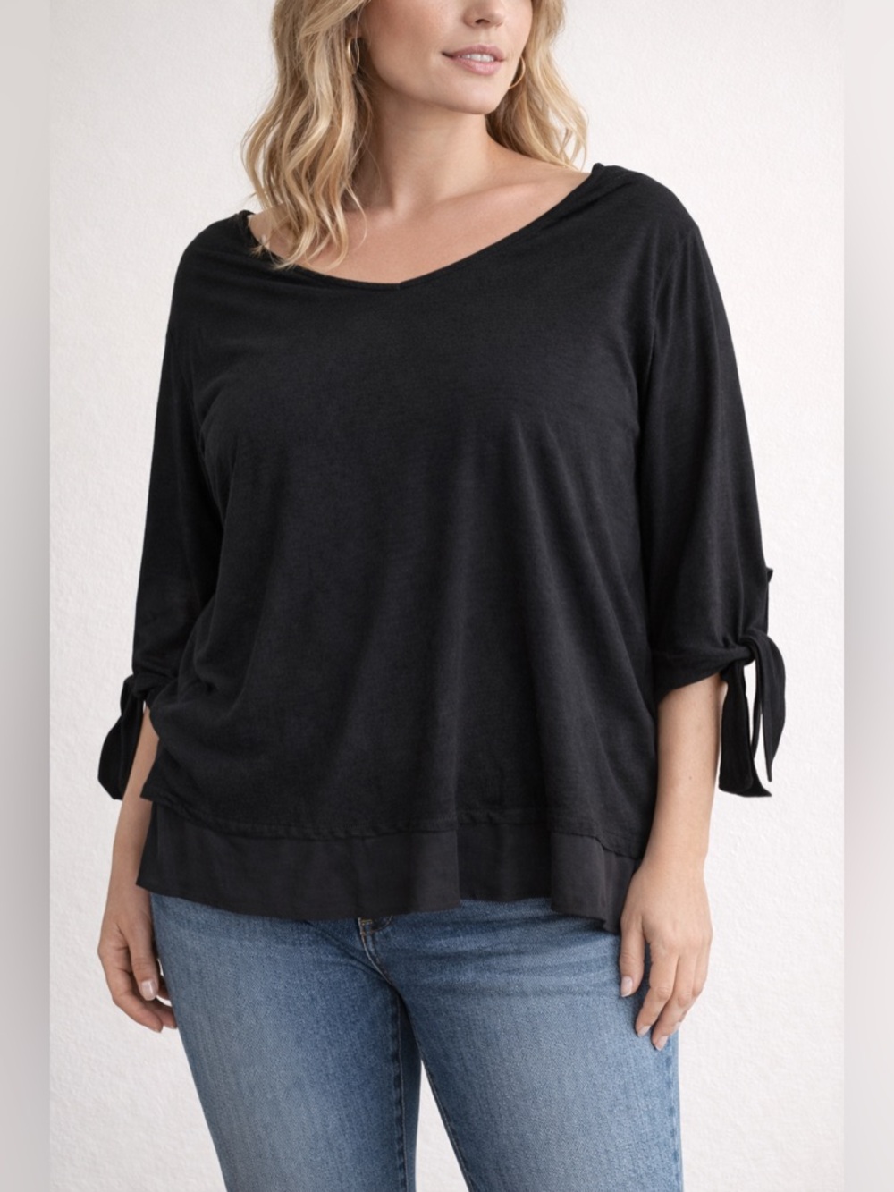 Sanctuary Black Tie Sleeve Blouse 2X Sheer Hem Lightweight Top